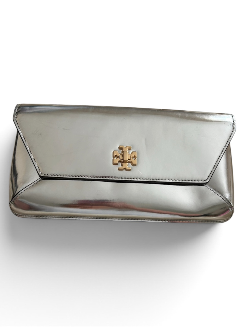 Tory Burch Silver Metallic Envelope Clutch with Gold Logo